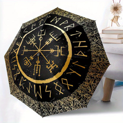 Viking Vegvisir Compass Umbrella - Cartoon Design, Portable Folding with Durable Iron Frame & 8 Ribs, All-Season Use for Home, Travel, Outdoor - Black with Golden Accents, Travel Umbrella, Outdoor Protection, Cartoon Umbrella