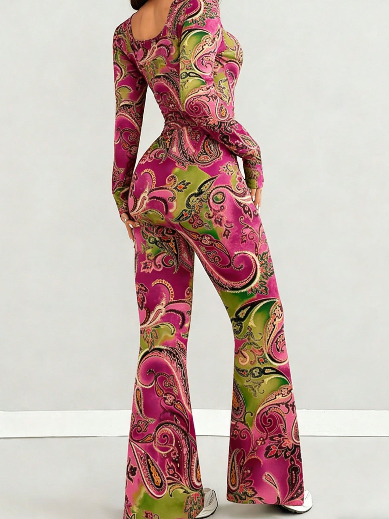 Women'S Jumpsuit Set | Casual Fashionable Sexy, Loose U-Neck Cut, Slim Fit, Pink Green Paisley Print, Long Sleeve Flared Leg, Versatile Use, Suitable for Multiple Occasions & Seasons, Ideal for Outdoor