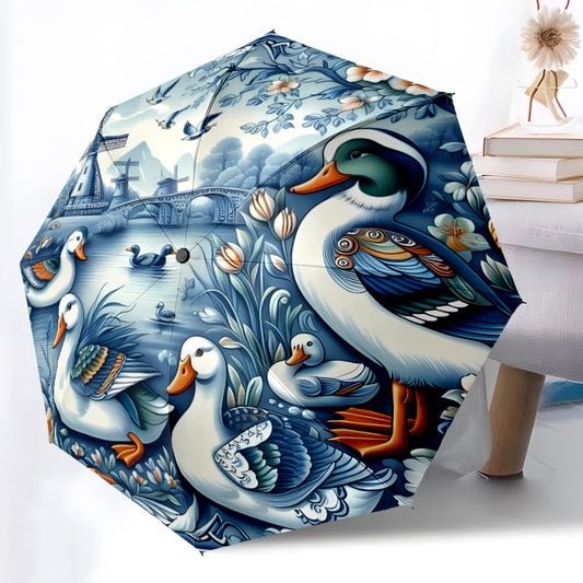 Automatic Open/Close Umbrella with 8-Rib Windmill & Duck Design - Heavy-Duty Plastic Handle, Compact Folding Umbrella with Auto-Open Mechanism, Portable Sunshade For Halloween, Christmas Gifts, Travel, Everyday Use - Durable