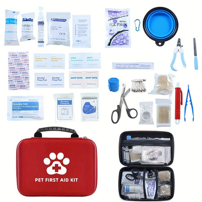101pcs Pet First Aid Kit for Cats & Dogs - Portable Essentials with Scissors, Tweezers, Gauze Pads, Thermometer, Eye & Ear Cleaner, Care, CPR Guide, Poisonous Plants List, Emergency Numbers - Red Case for On-the-Go Pet Owners