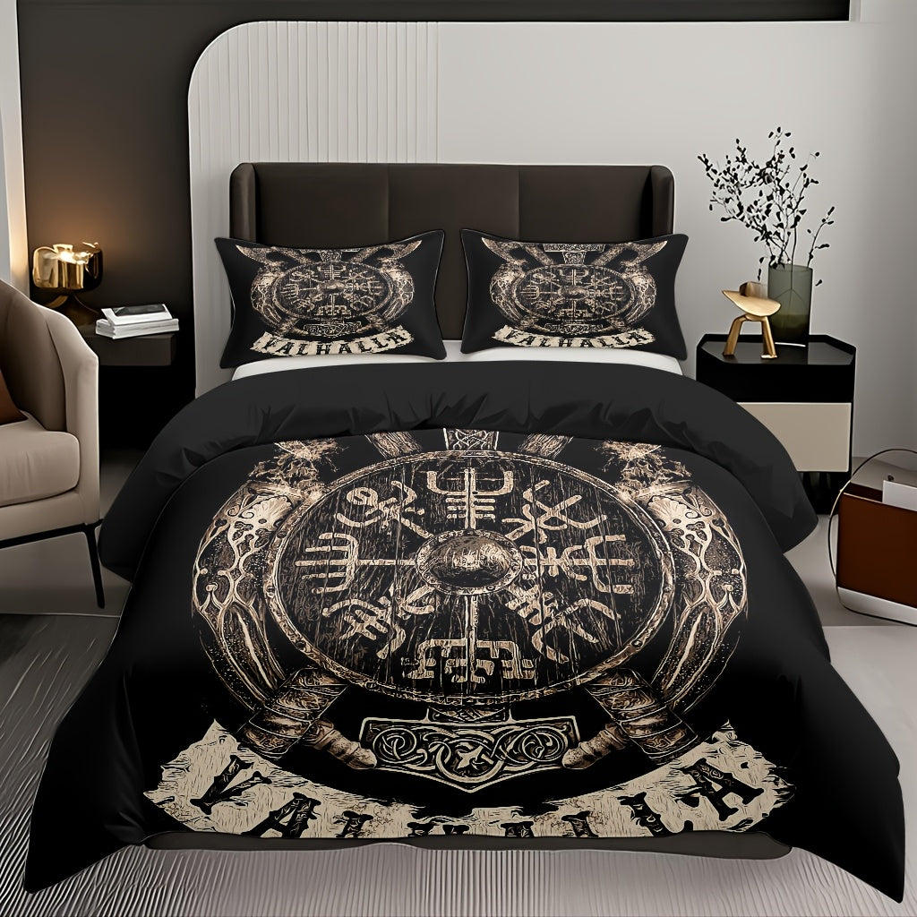3pcs Comfortable Viking Shield Theme Duvet Cover Set, Soft High-Definition Digital Print, Soft, Breathable 100% Polyester, Perfect Gift, All-Season, Family And Friends Gift, Machine Washable (1 Duvet Cover + 2 Pillowcases, No