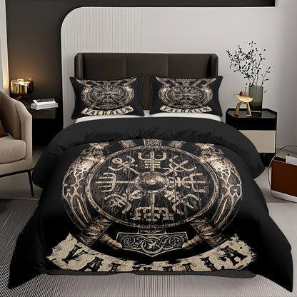 3pcs Comfortable Viking Shield Theme Duvet Cover Set, Soft High-Definition Digital Print, Soft, Breathable 100% Polyester, Perfect Gift, All-Season, Family And Friends Gift, Machine Washable (1 Duvet Cover + 2 Pillowcases, No