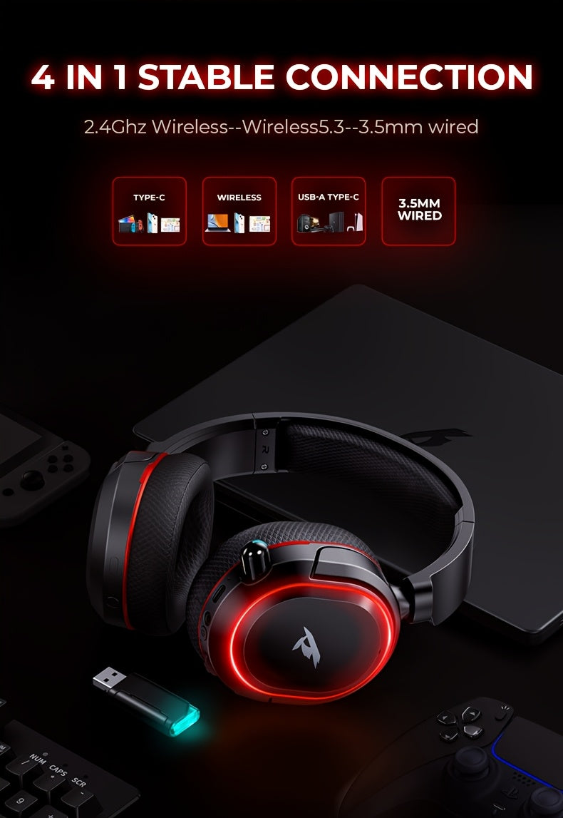 Wireless Gaming Headset with 7.1 Surround Sound, 2.4GHz USB Wireless Gaming Headphones, 100H Battery, Wireless 5.4, ENC Noise Canceling Mic, RGB Light, Wireless Headset for PC PS5 PS4 Mac Switch