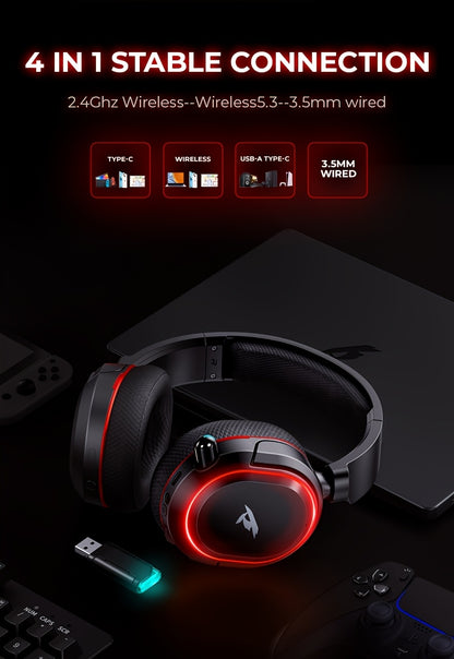 Wireless Gaming Headset with 7.1 Surround Sound, 2.4GHz USB Wireless Gaming Headphones, 100H Battery, Wireless 5.4, ENC Noise Canceling Mic, RGB Light, Wireless Headset for PC PS5 PS4 Mac Switch