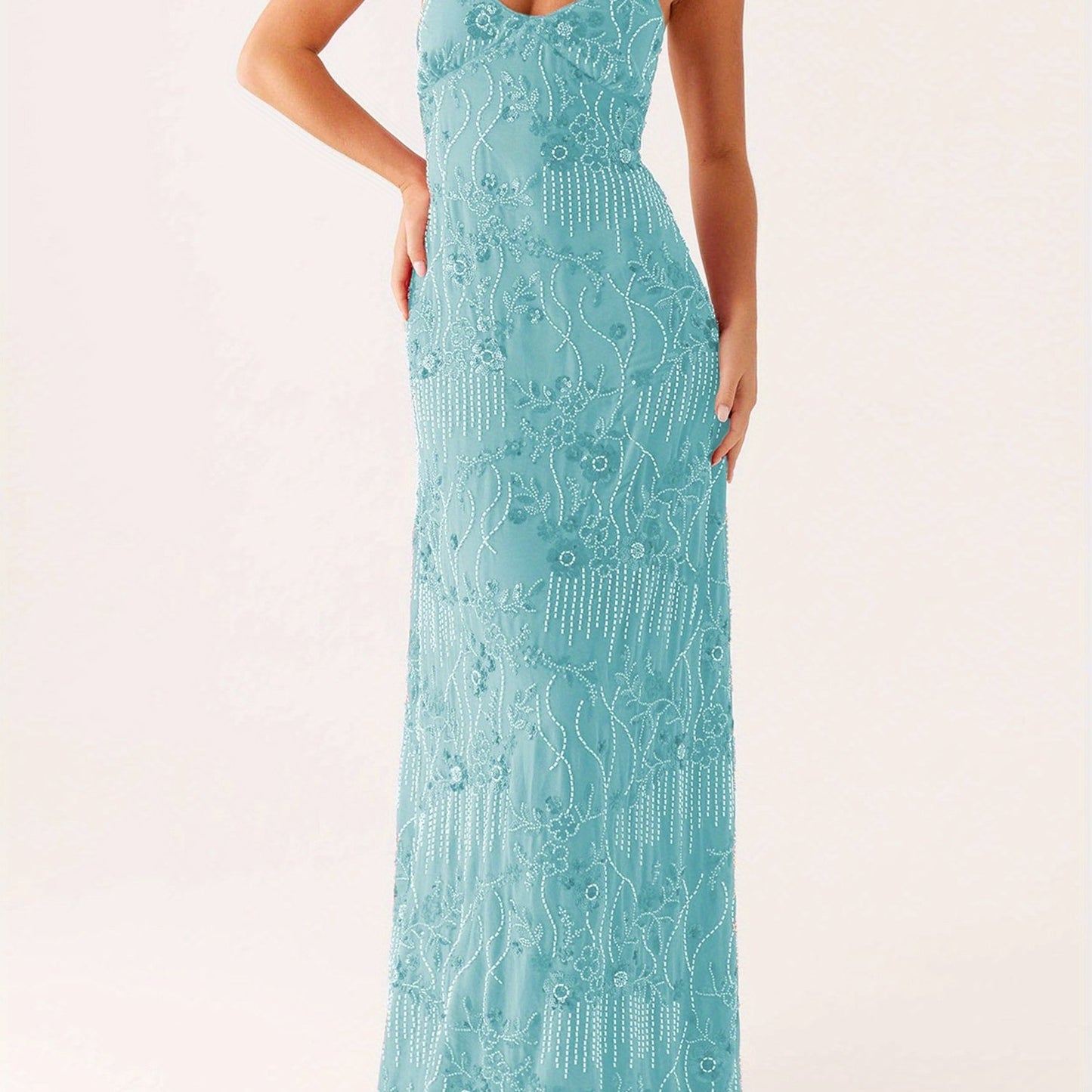 Women'S Elegant Turquoise Sequin & Floral Lace-like Sleeveless Maxi Dress - V-Neck Spaghetti Strap Summer Evening Party Dress, Lightweight Breathable Formal & Semi-Formal Outfit for Beach Events, Prom, Galas - Casual to Forma