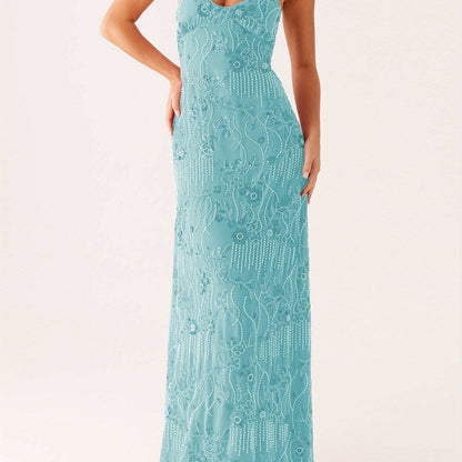 Women'S Elegant Turquoise Sequin & Floral Lace-like Sleeveless Maxi Dress - V-Neck Spaghetti Strap Summer Evening Party Dress, Lightweight Breathable Formal & Semi-Formal Outfit for Beach Events, Prom, Galas - Casual to Forma