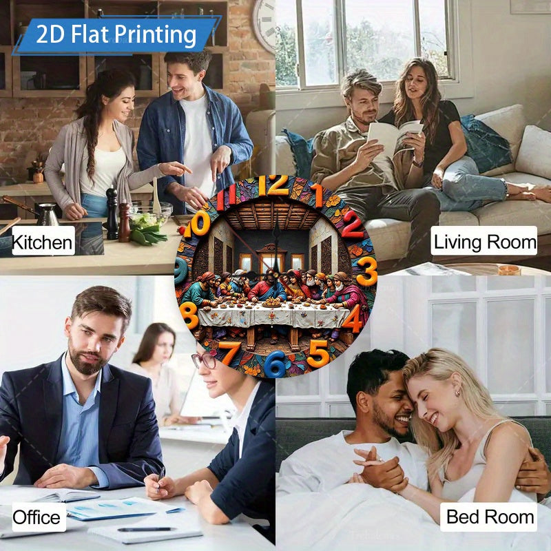 1 Piece Christmas Decoration Wooden Wall Clock, 2D The Last Supper Design - Large Round Silent, Religious, Leonardo da Vinci Inspired The Last Supper Art, Suitable for Home, Church, Office Decoration - Unique Gift for Christi