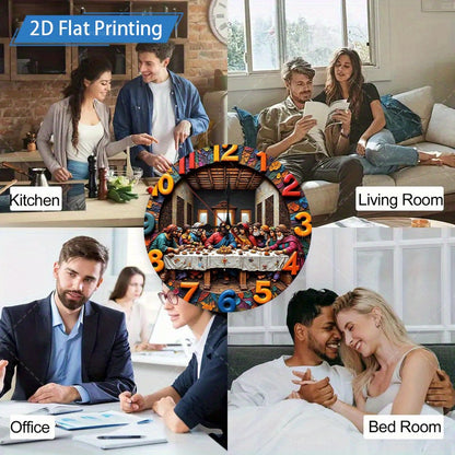 1 Piece Christmas Decoration Wooden Wall Clock, 2D The Last Supper Design - Large Round Silent, Religious, Leonardo da Vinci Inspired The Last Supper Art, Suitable for Home, Church, Office Decoration - Unique Gift for Christi