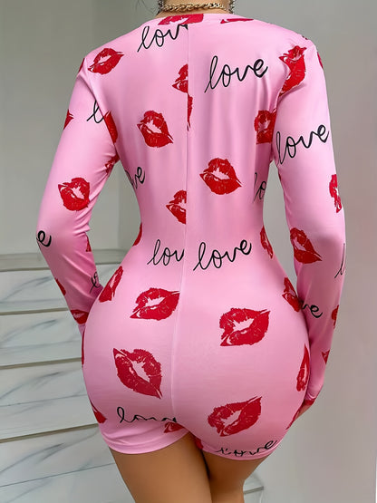 Long-Sleeved Women'S Bodysuit Pajamas Featuring a Heart And Lip Print, Designed for Lounging in a Sexy Style