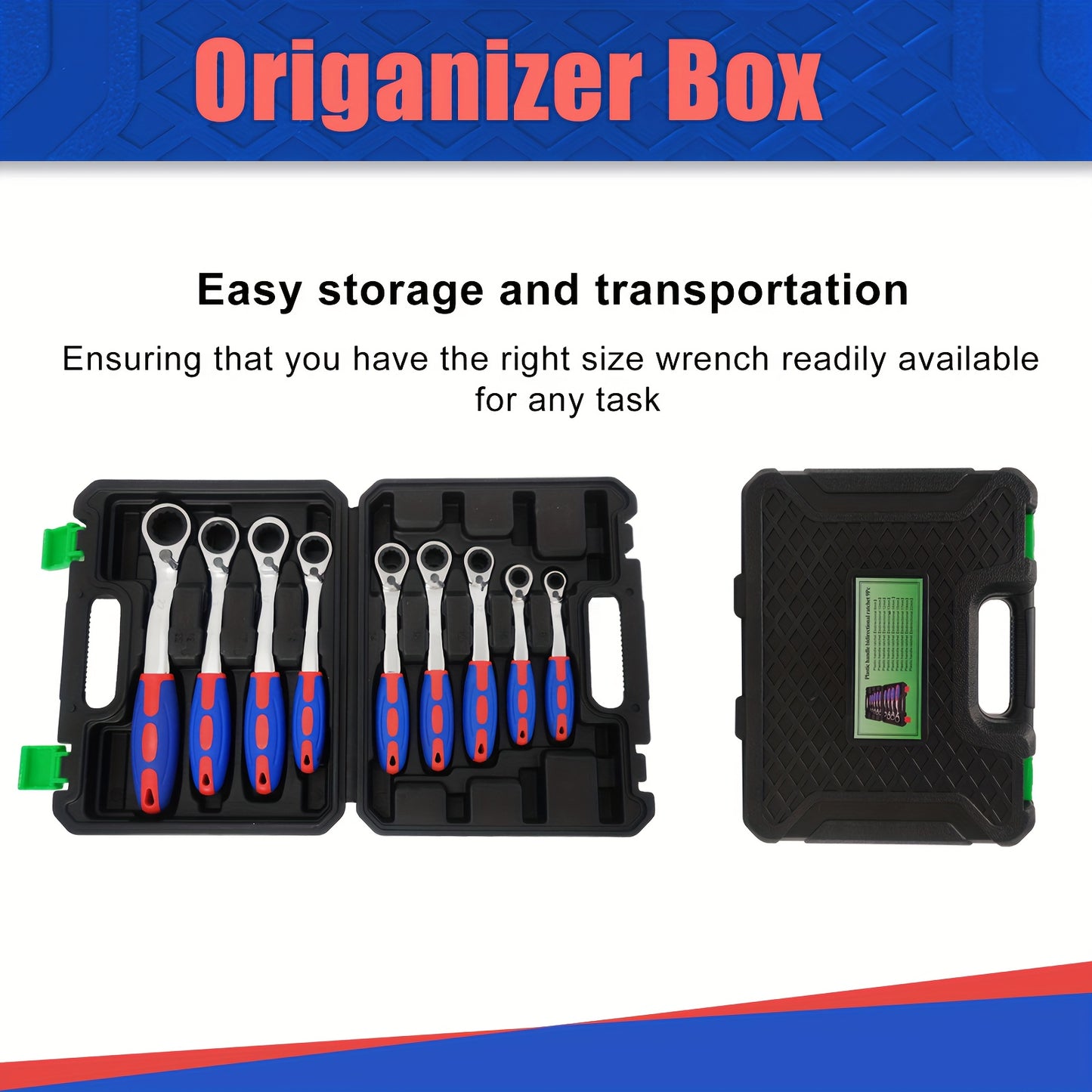 [Ratcheting Wrench Set] 9pcs 72-Tooth Reversible Soft Grip Ratcheting Wrench Set | Combination Wrench Set, Offset Box Wrench with Organizer Box, 8-22mm, Metric, 15-Degree, Cr-V Steel for Automobile, Car, Motorcycle, Bicycle,