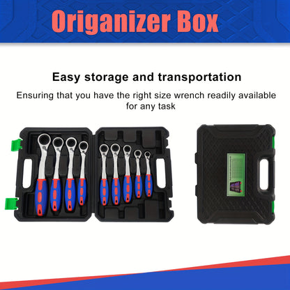 [Ratcheting Wrench Set] 9pcs 72-Tooth Reversible Soft Grip Ratcheting Wrench Set | Combination Wrench Set, Offset Box Wrench with Organizer Box, 8-22mm, Metric, 15-Degree, Cr-V Steel for Automobile, Car, Motorcycle, Bicycle,