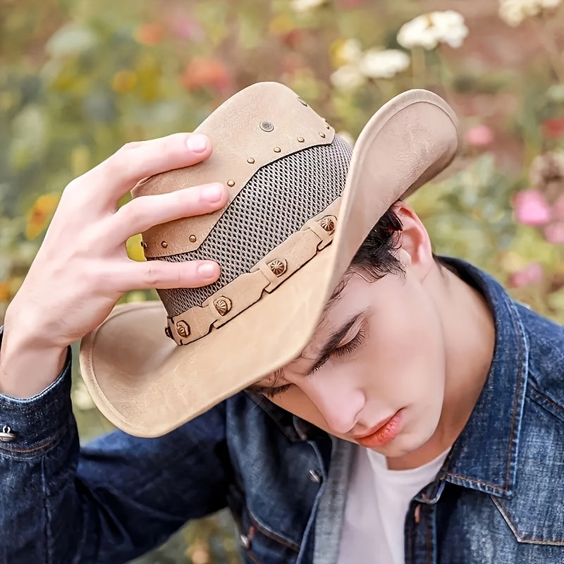 Vacation Faux Cowboy Fedora Hat - Unisex Western Hombre Style with Breathable Mesh Back Panel, Brown, Sizes 22.83-23.62 Inch for Men & Women