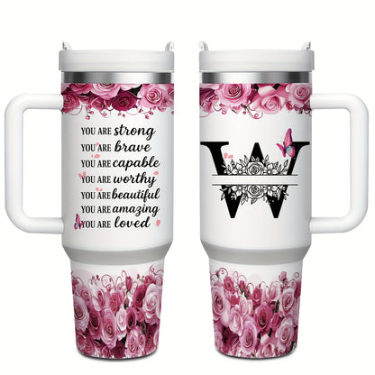 MIKENDA 1pc 40oz "A-Z Custom Letters & Name" Stainless Steel Travel Cup with Lid And Straw. Coffee Cup, Kitchen Drinkware. Great Gift for Women, Friends, Parents.for Mother's Day, Holidays. for Home & Outdoor Use.Halloween &