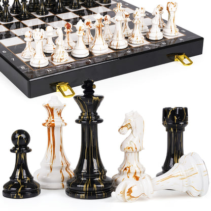 15" Large Chess Set for Adults with Weighted Acrylic Chess Pieces 3.5" King & Portable Folding Marbling Wooden Chess Travel Chess Sets Family Game Gift Elegant Classic Chess Game