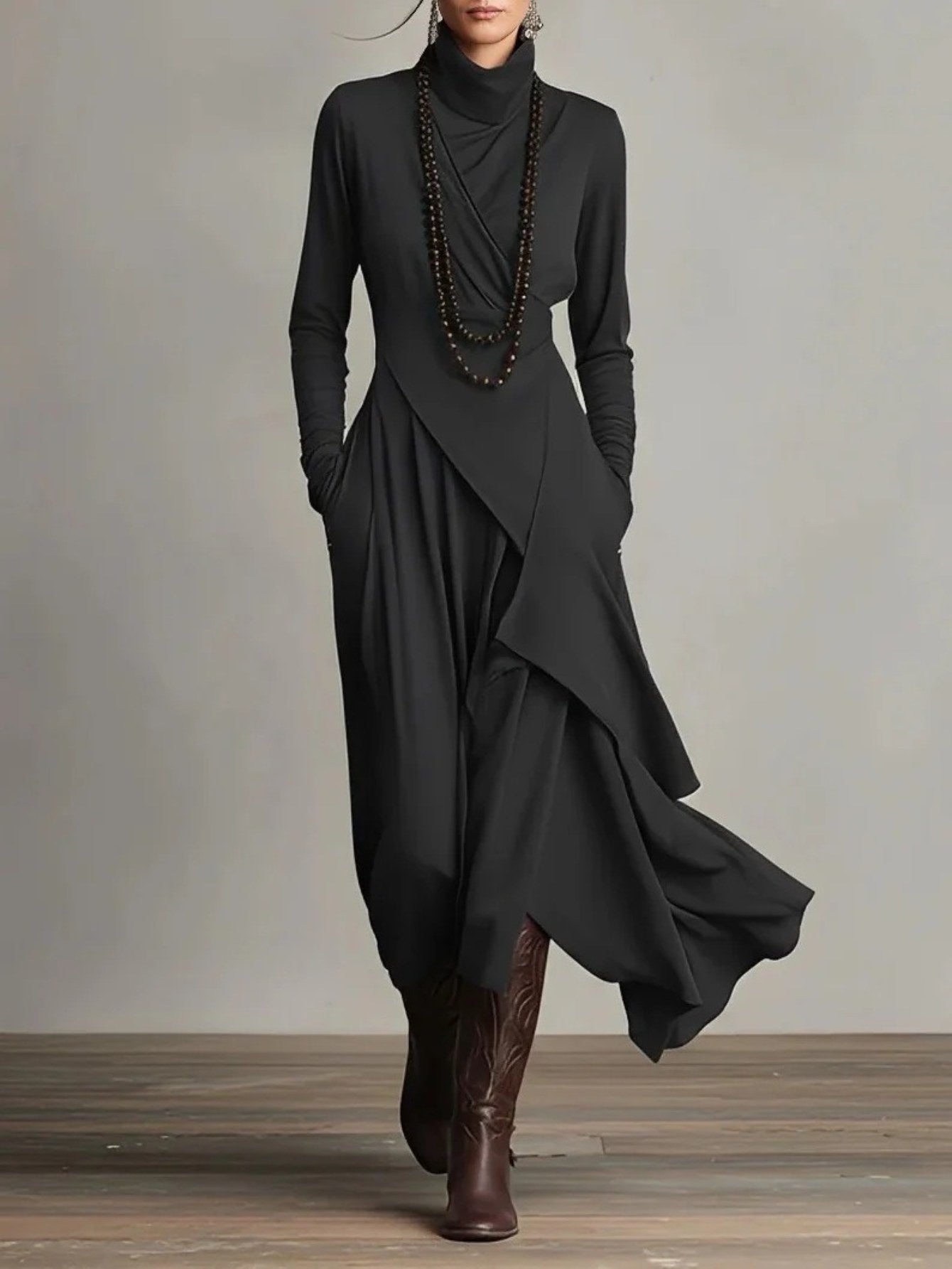 Plus Size - HERTALK Women'S Solid Color Long-Sleeved Cross High-Neck Dress Long Dress