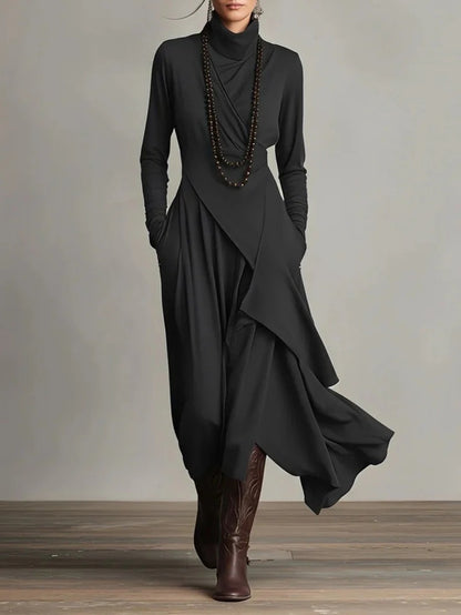Plus Size - HERTALK Women'S Solid Color Long-Sleeved Cross High-Neck Dress Long Dress