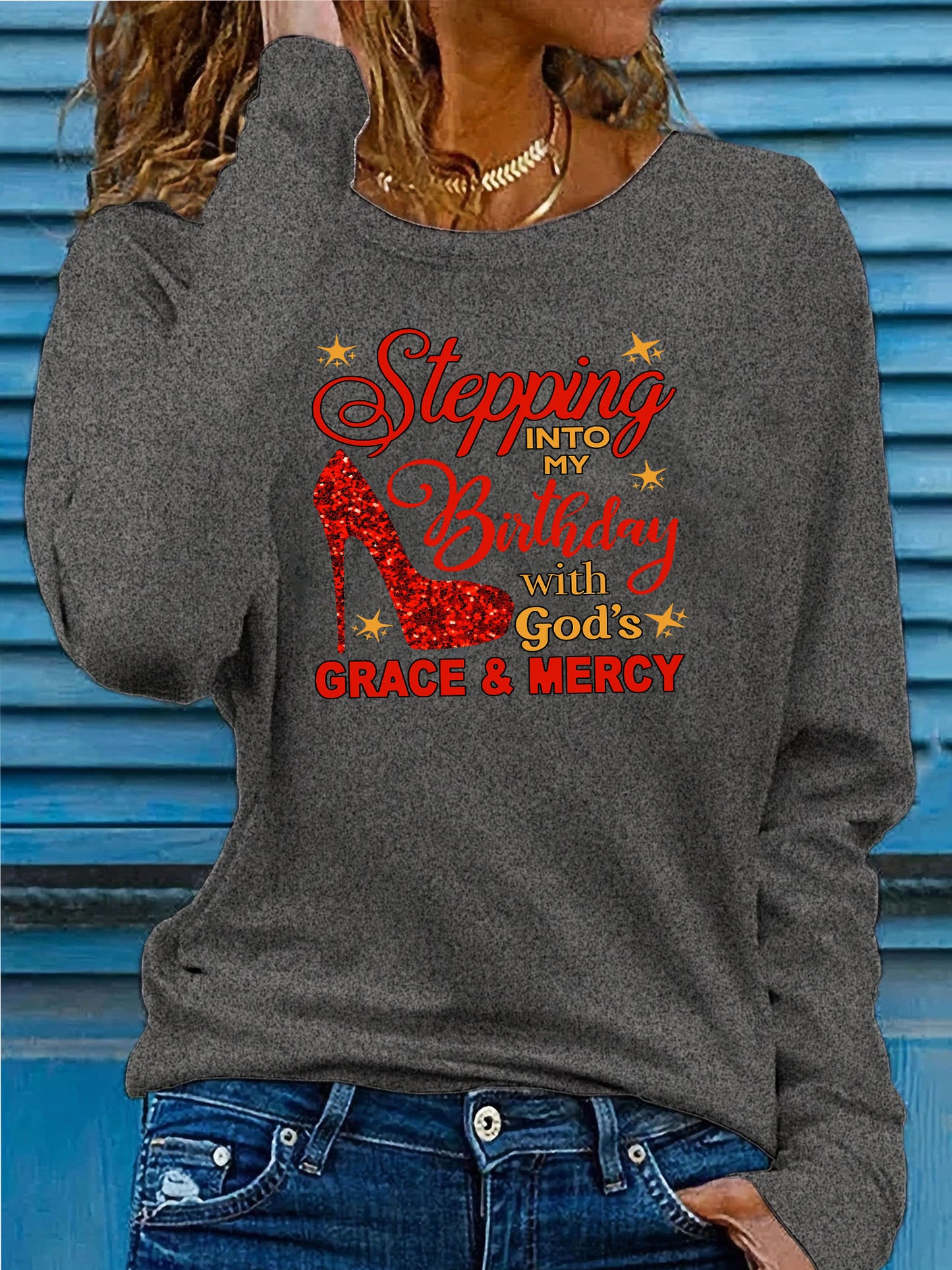 Women'S Christian Faith-Inspired "Stepping Into Birthday with God'S Grace & Mercy" Red High Heel Print Long Sleeve T-Shirt - Soft Breathable 95% 5%, Casual & Streetwear Style, Birthday Outfit, Trendy Streetwear, Medium Stretc