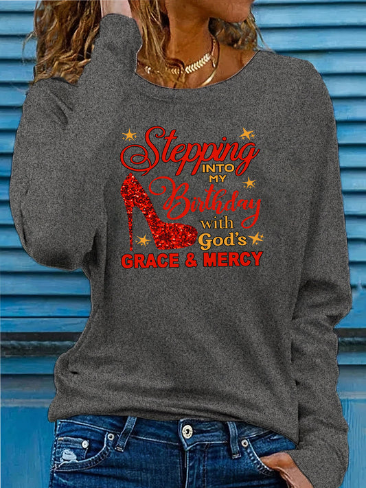 Women'S Christian Faith-Inspired "Stepping Into Birthday with God'S Grace & Mercy" Red High Heel Print Long Sleeve T-Shirt - Soft Breathable 95% 5%, Casual & Streetwear Style, Birthday Outfit, Trendy Streetwear, Medium Stretc