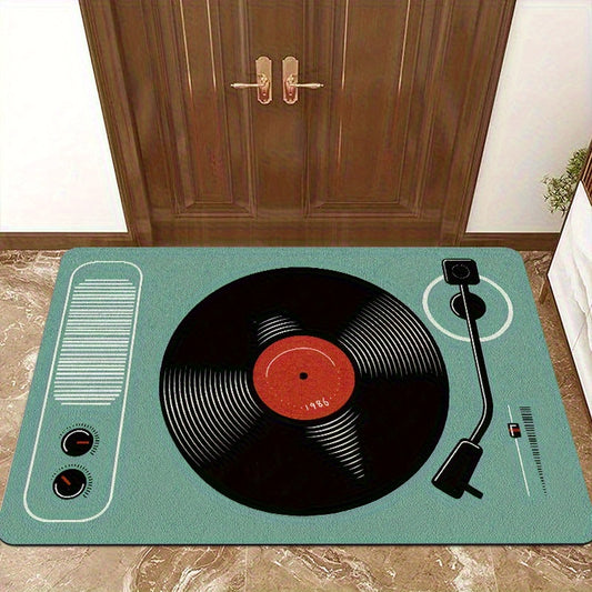 1 Green Music Element Tape Design Floor Mat - Vintage Turntable & Vinyl Record Player Graphic, Non-Slip Rubber Backing, Hand Wash Only, Lightweight Square Mat for Entryway, Bathroom, Living Room, Home Decor, Music Rugs for St