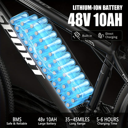 700W Adult Electric Mountain Bike 26" Heavy-Duty Tire All-Terrain, 25 MPH High Speed & 45-Mile Range, 7-Speed Compatible Gears, Front Suspension Fork, Disc Brakes, LCD Display, 48V 10AH Removable Battery, Global Voltage 100-2