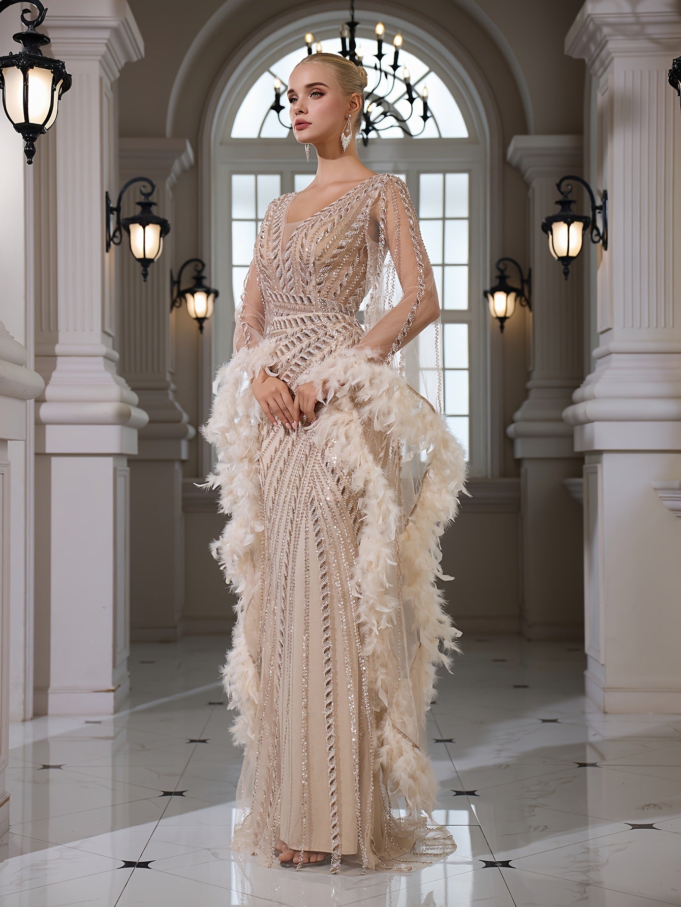 Sequined Lace V-neck Flared Long Sleeve Elegant Sexy Bodycon Mermaid Evening Gown
