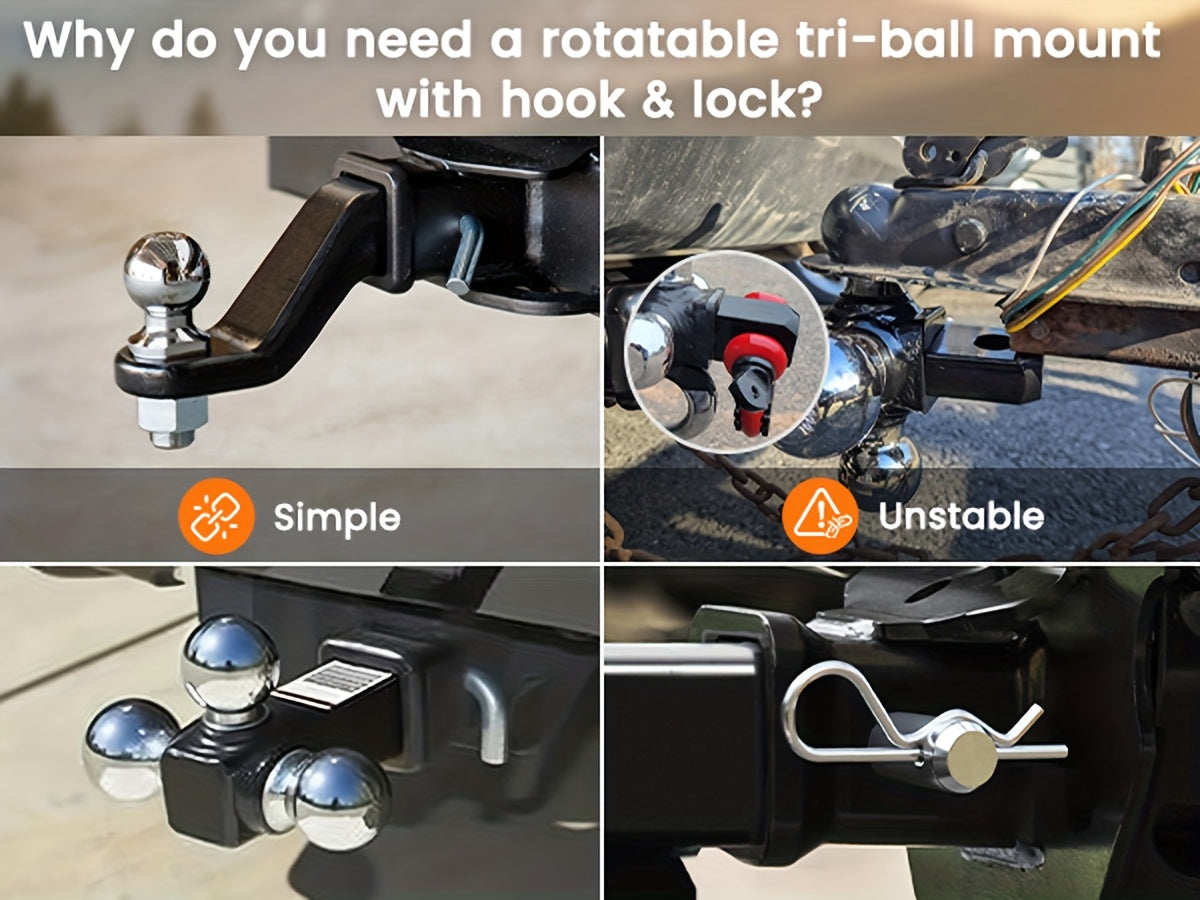 Trailer Hitch Tri-Ball Mount With Hook Contain Secure Self-Lock Latch, Hitch Ball Size 1-7/8", 2" And 2-5/16", Fit 2 Inch Hitch Receiver, Tow Hitch With Double Anti-Theft Pins Locks