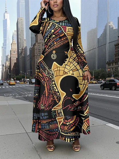 Plus Size, Women's Plus Size African Tribal Print Maxi Dress - Elegant Floor-Length Long Sleeve Maxi with Cinching Waist, Vibrant African Patterns in Black/Orange/Red/Blue, Machine Washable Formal & Everyday Maxi Dress for Pa