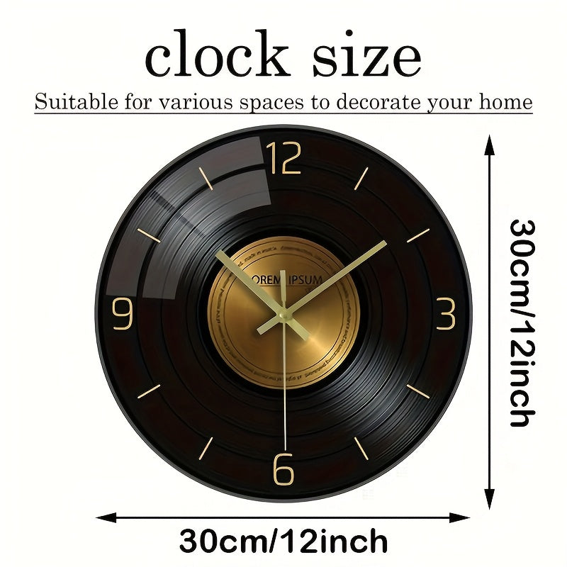 12-inch Glass Silent Wall Clock, Inspired by Vinyl Records - Black and Golden, Suitable for Living Room, Bedroom, and Office Decor | Elegant Timer, Battery Not Included, Office Wall Clock | Decorative Hanging Clock | Silent M