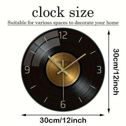 12-inch Glass Silent Wall Clock, Inspired by Vinyl Records - Black and Golden, Suitable for Living Room, Bedroom, and Office Decor | Elegant Timer, Battery Not Included, Office Wall Clock | Decorative Hanging Clock | Silent M