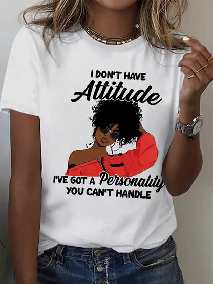 Women's "I Don't Have Attitude" Slogan Graphic T-Shirt - Vibrant Red Short Sleeve Crew Neck Casual Top with Bold Text & Fashion Glasses Design, Machine Washable All-Season Comfort Fit Tee, Fashionforward Look, Durable Fabric