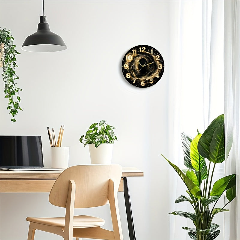 Glass Deep Sparkling Golden Vast Universe Wall Clock, Dark Tempered Glass Face with Film Coating for Living Room, Bedroom, Kitchen & Office Decor - Unique Aesthetic Home Artwork, Ideal Birthday Gift and Modern Housewarming Pr