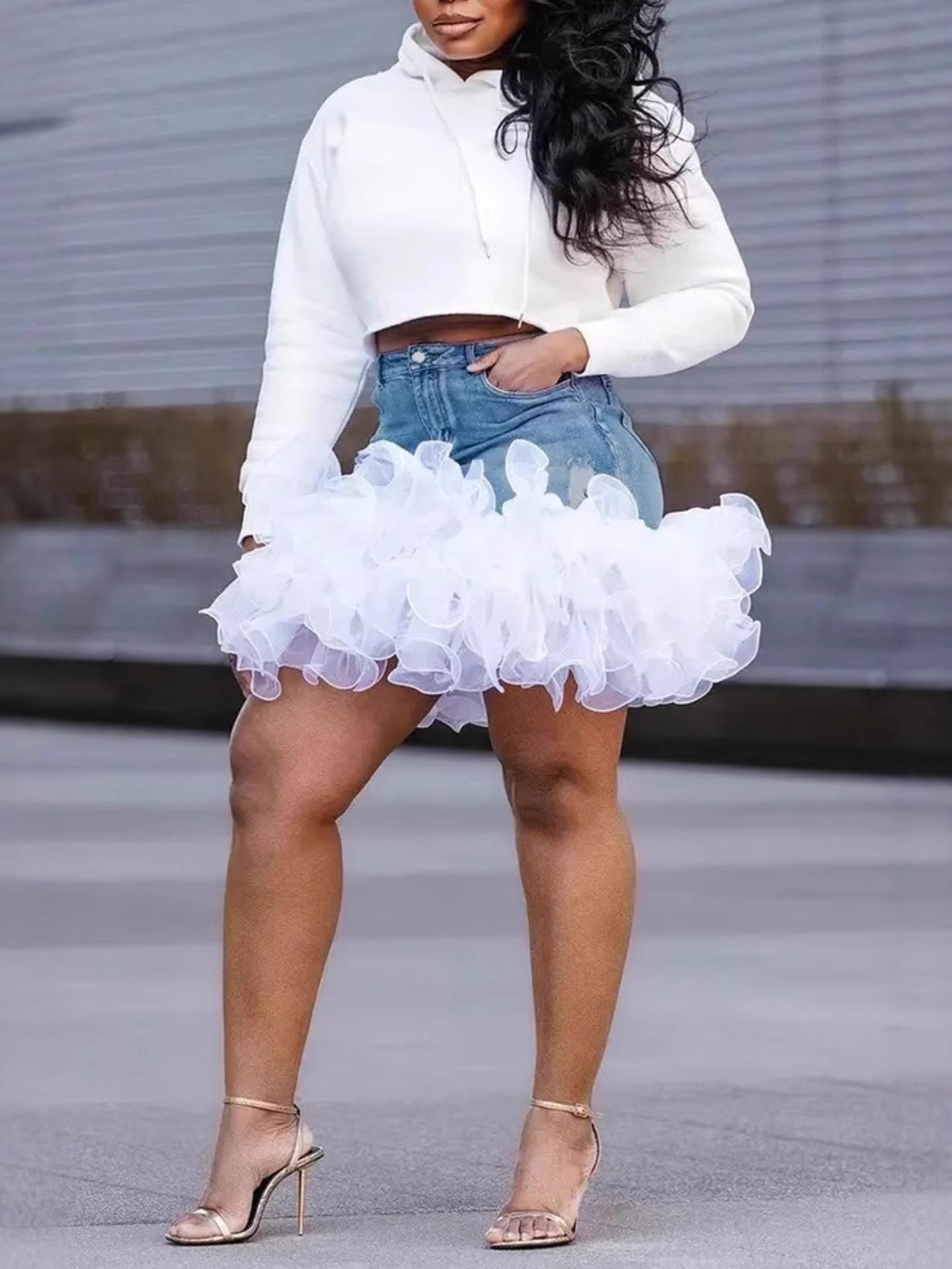 Plus Size, Plus Size Women's Summer 2025 New Tulle Splicing Washed Sexy Denim Skirt Short Skirt