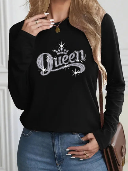 Women's Queen Lettering & Print Sparkling Rhinestone T-Shirt - Long Sleeve Round Neck Casual & Party Wear, Soft Stretchy 95% Polyester/5% Spandex, Queen-Size Lettering ( Accent) for Prom, Weddings, Everyday Outfits