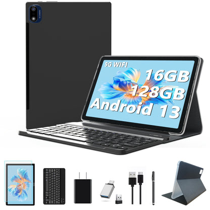 Latest Tablet Android 13 Tablet, 5G/2.4G WiFi6 BT 5.0, 16GB RAM+256GB ROM+1TB Expand Octa-Core Tablets PC, 2in 1 Tablet with Keyboard Mouse Case Stylus, Powerful Octa-Core+13MP+8MP Camera, 1280*800 IPS HD Screen, Black