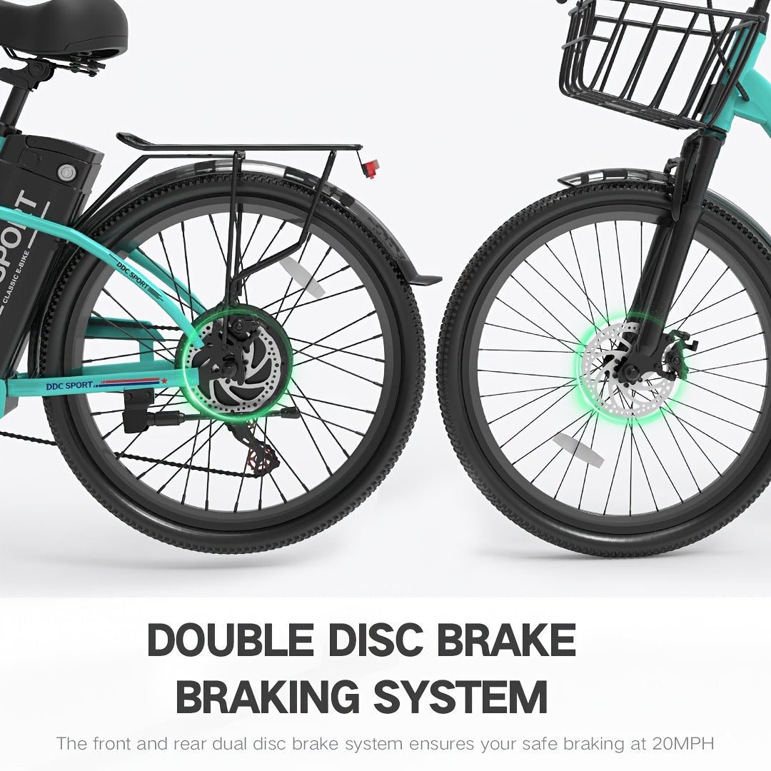 24-inch Wheels, 20-26MPH Commuter, LCD Display, 7 Speed Shift Adult Electric Bicycle, 350-500w Powerful Motor, 36V 10.4A Lithium Battery, Aluminum Alloy Body, Front Fork Shock Absorber, Headlights, Night Driving Protection, B