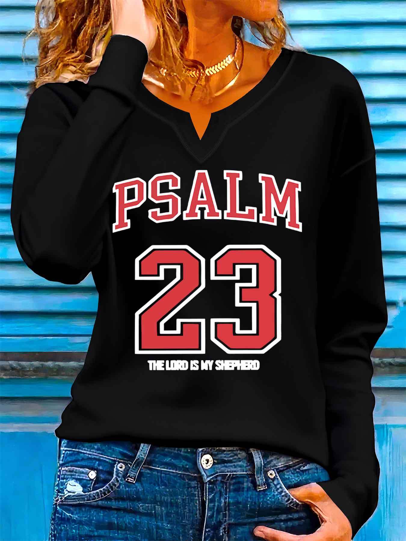 Women'S Slim-Fit V-Neck Long Sleeve T-Shirt with Bold Red "PSALM 23" Graphic Print - Casual Chic Top for Spring/Summer/Fall, Spring Summer Apparel | Vneck Tshirt | Stylish Casualwear, Ladies T Shirts