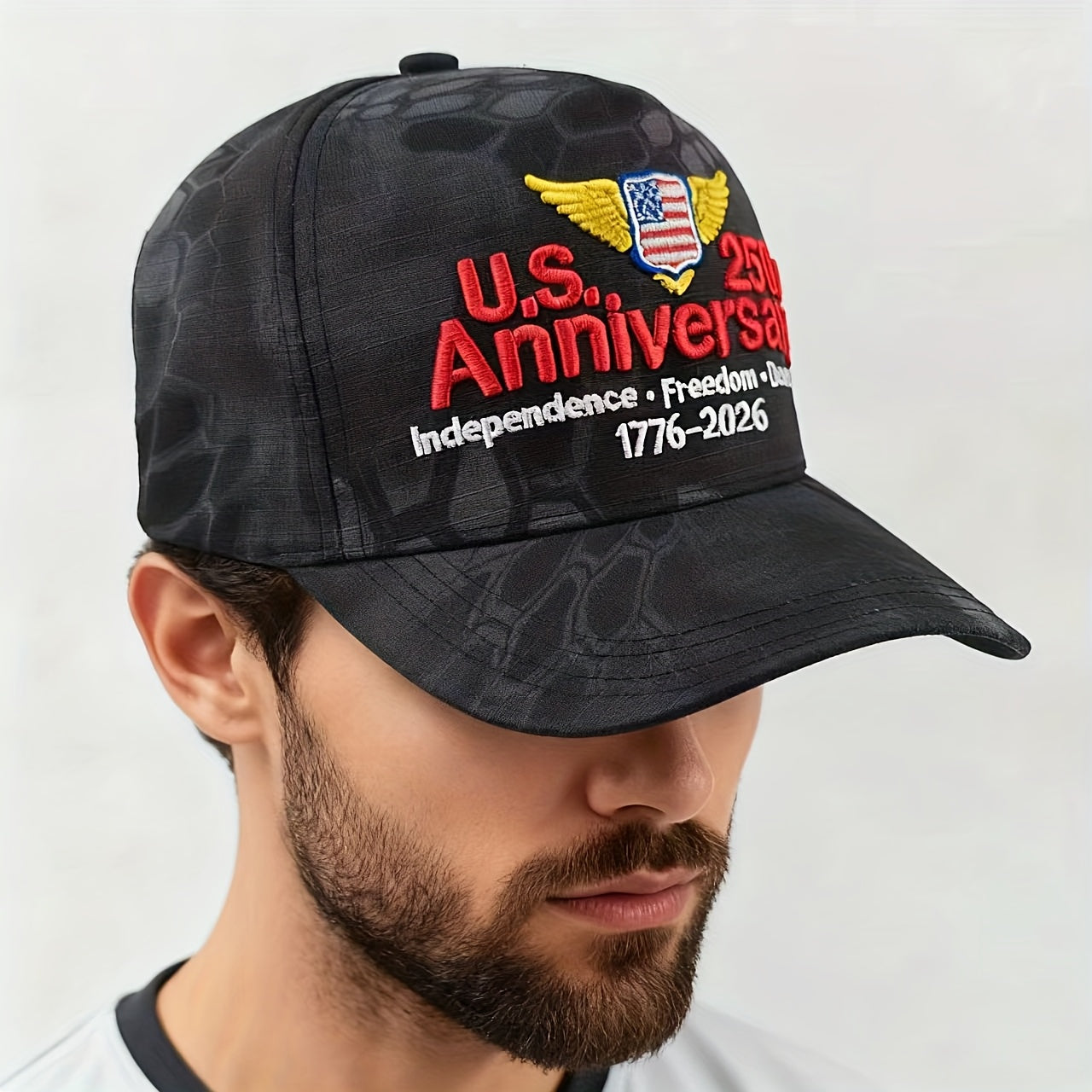 250th Anniversary Edition (1975-2025) USA Flag & Camo Baseball Cap - Unisex Adjustable Retro 3D Embroidery Hat with 250/225/200/150/125 Year Badge, Lightweight Snapback for Men & Women, July 4th Independence Day Collectible,