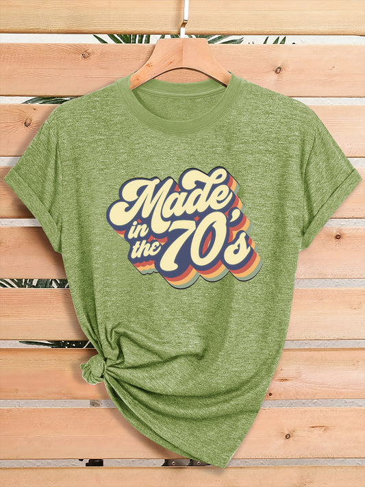 Women'S Vintage 70s Graphic T-Shirt - Retro "Made in the 70s" Print with Rainbow Lettering & 70s Icons, Loose Fit Casual Tee for Gym, Casual Attire & 70s Themed Parties - Soft Breathable Round Neck Summer Top, Local Warehouse