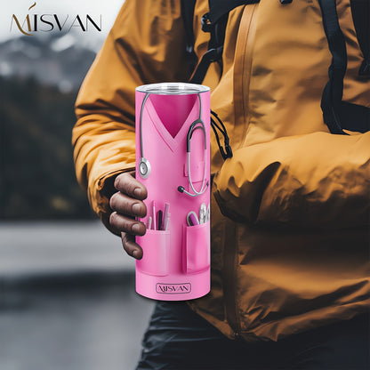 1pc MISVAN Nurse-Themed 20oz Vacuum Insulated Cup with Lid - Customizable "Your Name" Design, Pink Stethoscope & Medical Symbol, Perfect Gift for Mother'S Day, Father'S Day, Nurses' Day & Birthdays, Travel & Sports Drinkware,