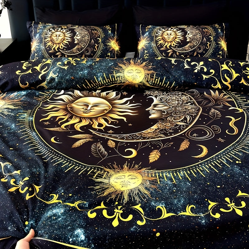 3pcs Duvet Cover Set, Polyester 90g Woven, Digital Printed Golden Sun Moon Planet Pattern, Machine Washable, All-season for Home Dormitory, 1 Duvet Cover + 2 Pillowcases (No Insert)