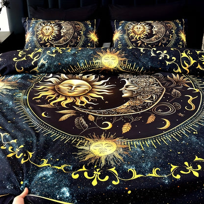 3pcs Duvet Cover Set, Polyester 90g Woven, Digital Printed Golden Sun Moon Planet Pattern, Machine Washable, All-season for Home Dormitory, 1 Duvet Cover + 2 Pillowcases (No Insert)