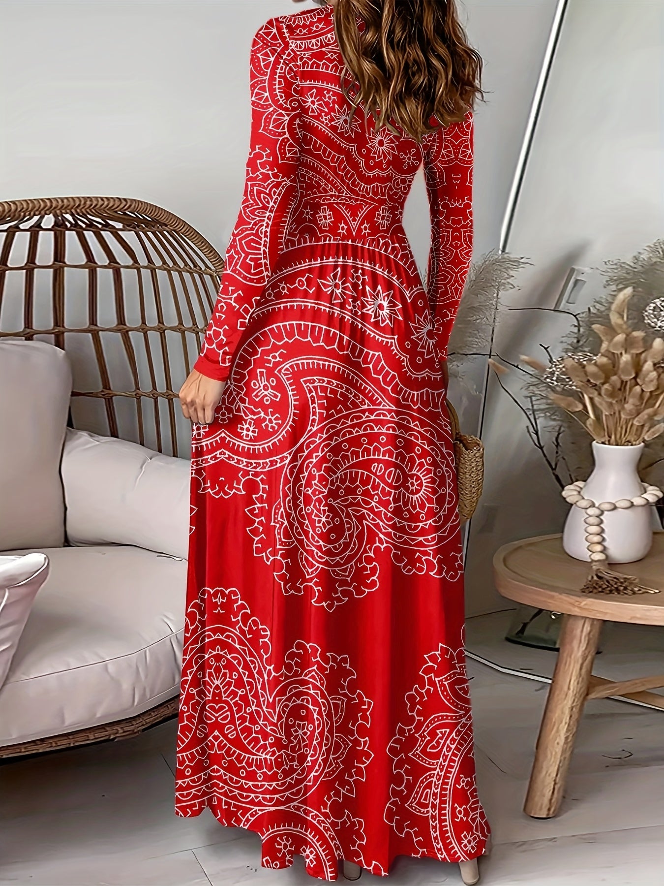 Plus Size, Women's Elegant Paisley Print V-Neck Split Dress - Long Sleeve -Line Dress with Thigh Slit, Fitted Summer Wedding Guest Dress, Machine Washable Elegant Gown for Special Occasions