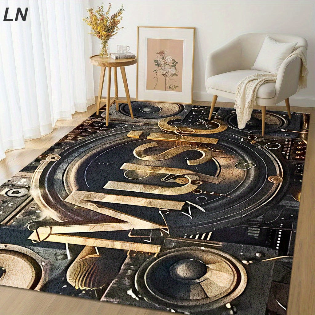 Stylish Music Decor - Music-Themed DJ-Inspired - Large Rectangular Mat with Sound Wave & Speaker Design - Heavyweight 850gsm Mat - 5mm Thick Non-Slip Backing - Machine Washable - Black & Golden Music Note Floor Mat - For Livi