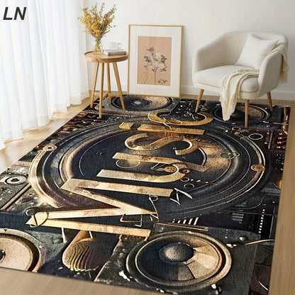 Stylish Music Decor - Music-Themed DJ-Inspired - Large Rectangular Mat with Sound Wave & Speaker Design - Heavyweight 850gsm Mat - 5mm Thick Non-Slip Backing - Machine Washable - Black & Golden Music Note Floor Mat - For Livi