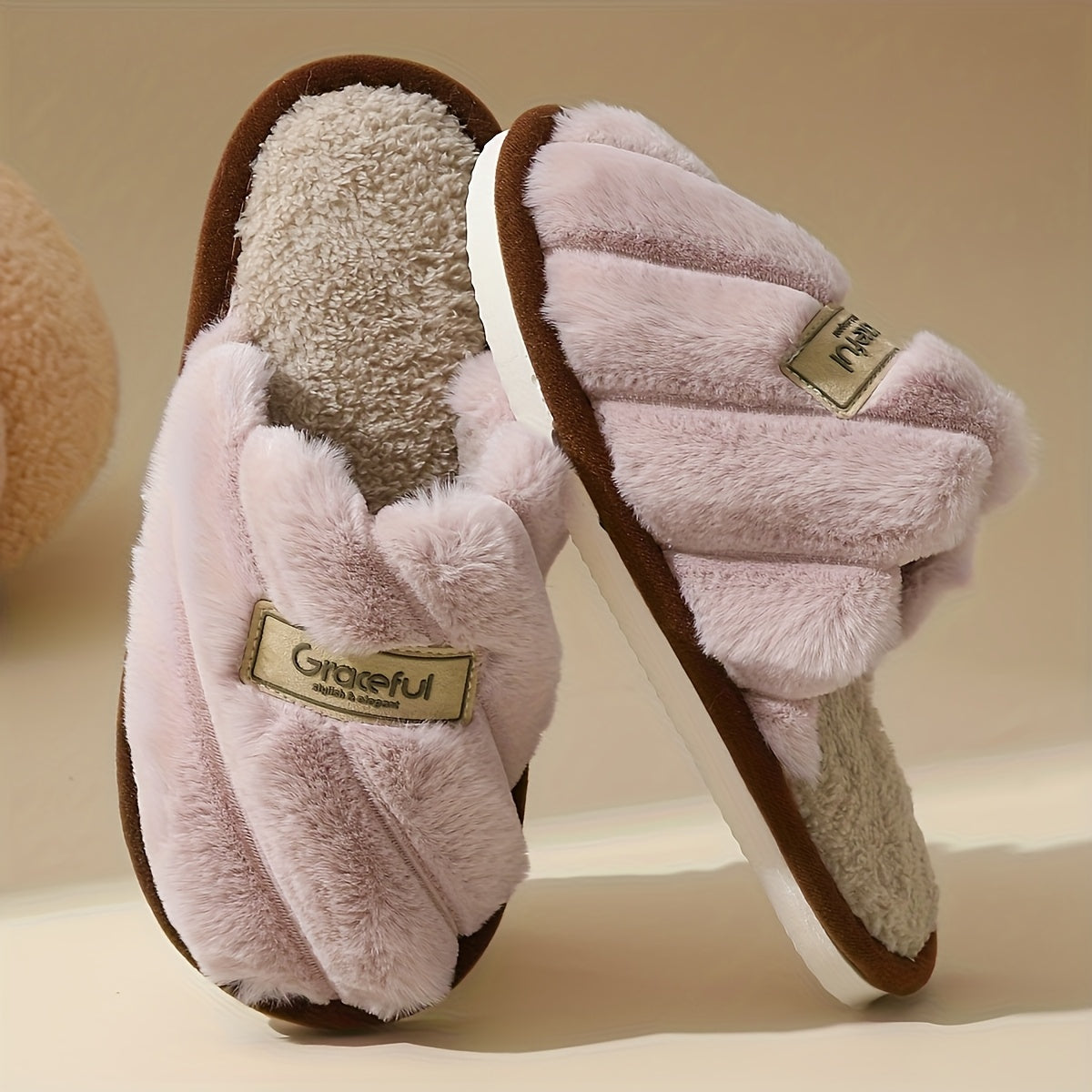 Women's Winter Plush House Slippers - Cozy Indoor/Outdoor Moccasins with Soft & Non-Slip PVC Sole, Beige/Black/Pink/Brown/ - Cushioned Warmth for Home, Hotel, Spa - Easy-Care Fabric Upper (No Maintenance)
