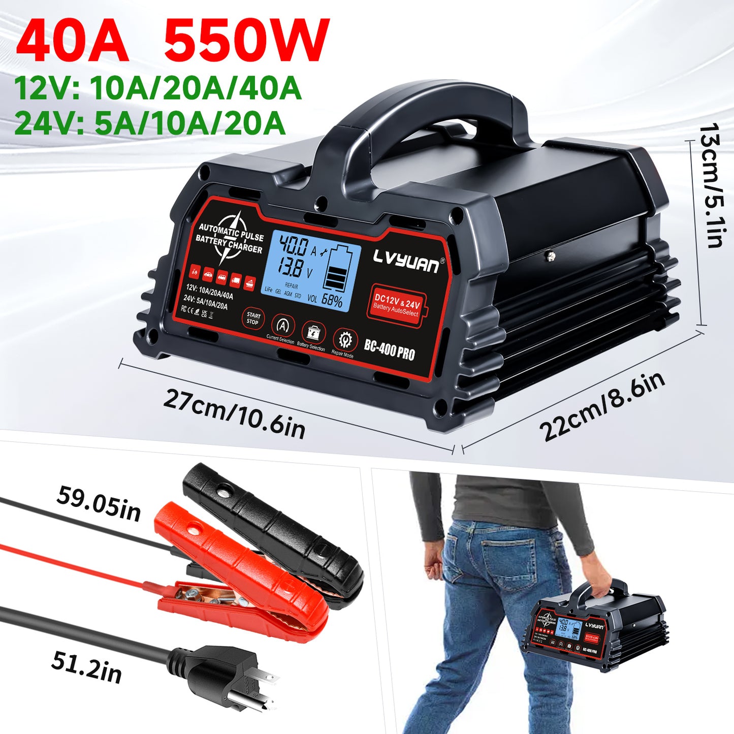Lifepo4 Battery Charger, 40 Amp Car Battery Charger, Fully Automatic Car Battery Charger for Lead-Acid Batteries (12V/24V) and Lithium Iron Phosphate Batteries (12V), Smart Trickle Charger, AGM Deep Cycle Battery Charger, Sui