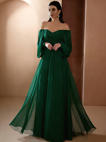 Women'S Elegant Vintage-Inspired One-Shoulder/Off-Shoulder Wedding & Party Dress - Long Sleeve A-Line Chiffon Gown with Puff Sleeve & Train Hem, Solid Formal Evening Gown for Spring Summer Fall, Loose Fit A-Line Silhouette, L