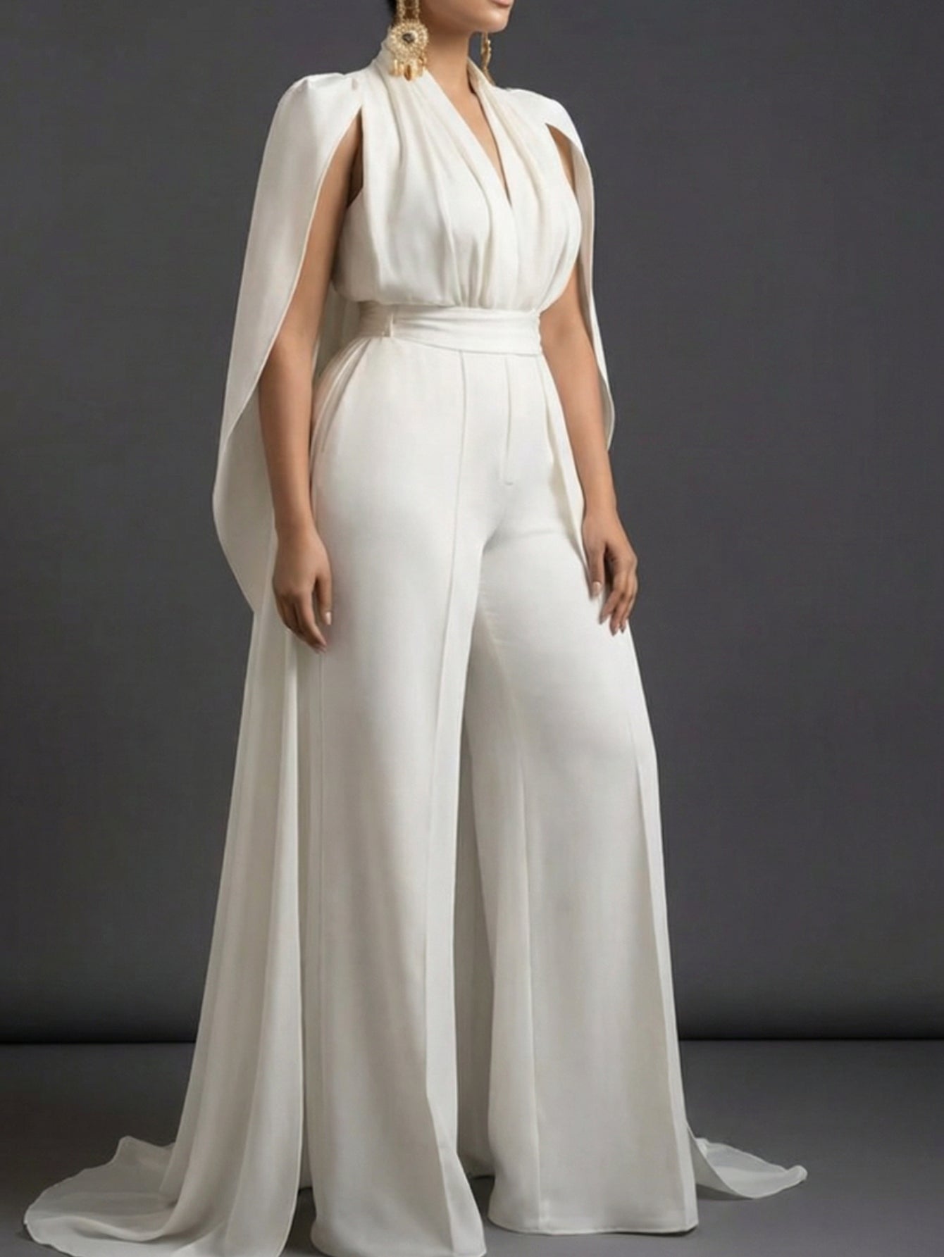 White V-Neck Capelet Waist- Wide-Leg Maxi Jumpsuit | Elegant and Exquisite Style Perfect for Parties, Formal Occasions & Light Social Events