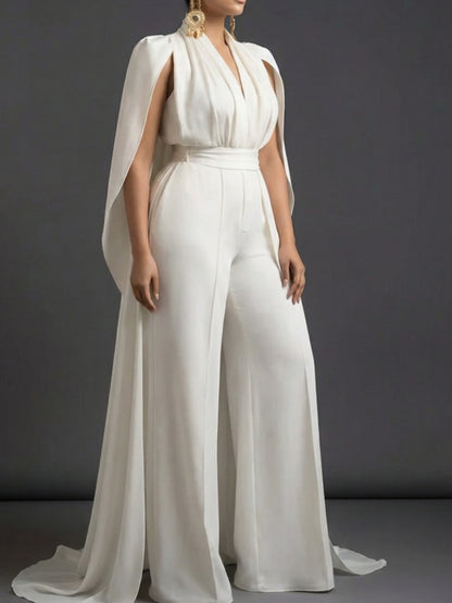 White V-Neck Capelet Waist- Wide-Leg Maxi Jumpsuit | Elegant and Exquisite Style Perfect for Parties, Formal Occasions & Light Social Events