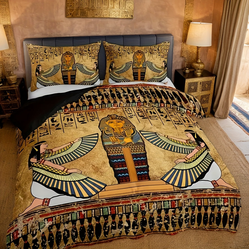 Timeless Design, Egyptian Pharaoh 3pcs Ancient Egyptian Art Quilt Cover Set (1 Quilt Cover + 2 Pillowcases, Pillow Core Not Included), Soft And Breathable HD Printed Bedding Set, Soft And Breathable Duvet Cover And Pillowcase
